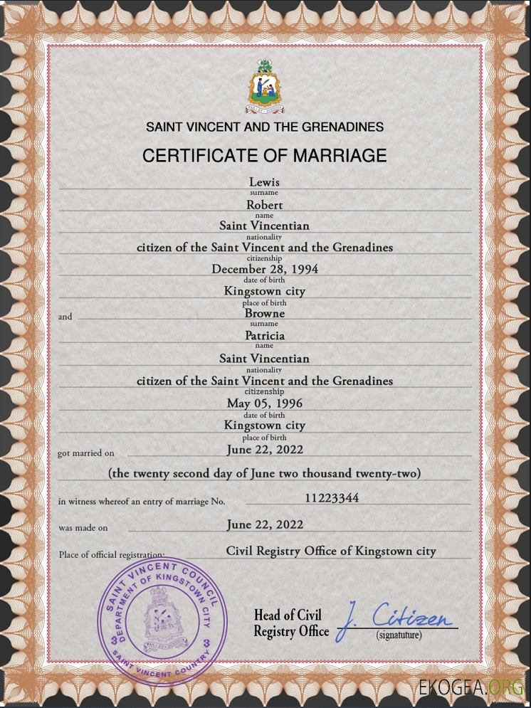 Acte de mariage à Saint Vincent et les Grenadines